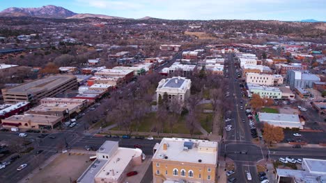 prescott az usa, drone shot of yavapai courthouse plaza and downtown streets and buildings