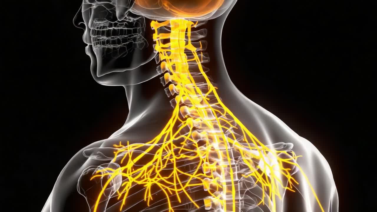 Szczegółowa wizualizacja ludzkiego kręgosłupa i układu nerwowego: Zrozumienie wzajemnych połączeń dróg nerwowych w przezroczystej ilustracji anatomicznej