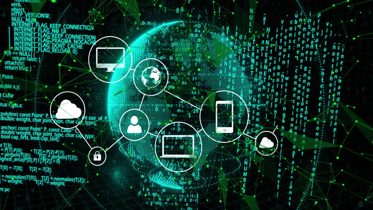 animación de red digital y ciberseguridad sobre código binario verde y globo