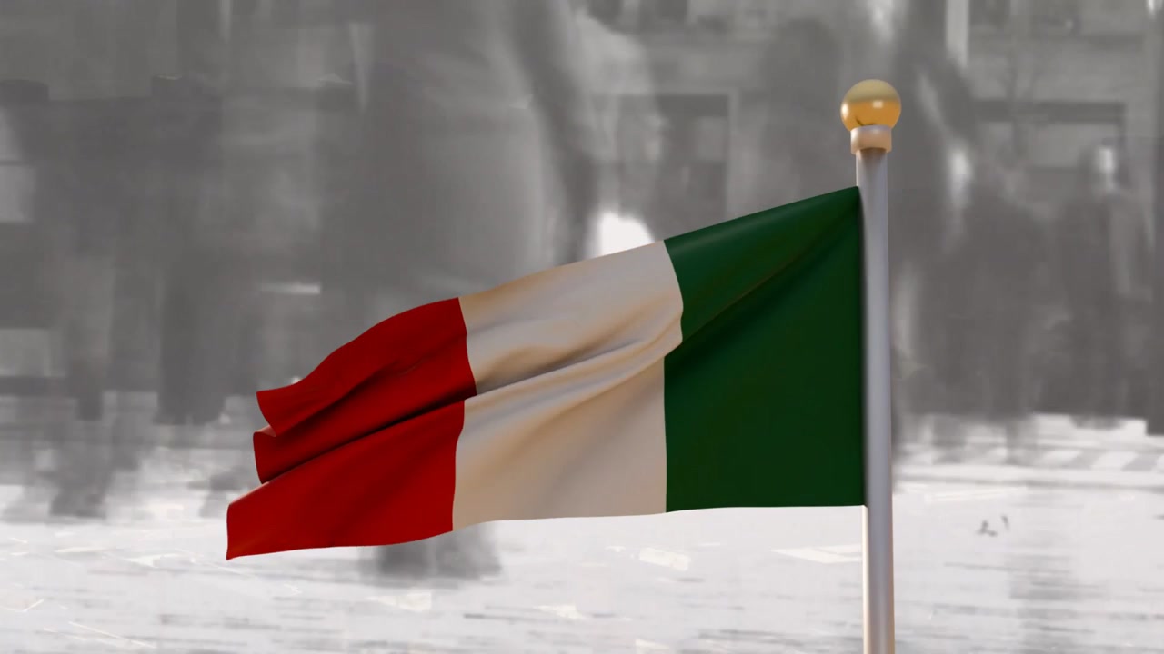 Raffiche che spingono una bandiera tricolore verticale, facendola ondeggiare e piegare verso l'asta, mostrando il contrasto dei colori.