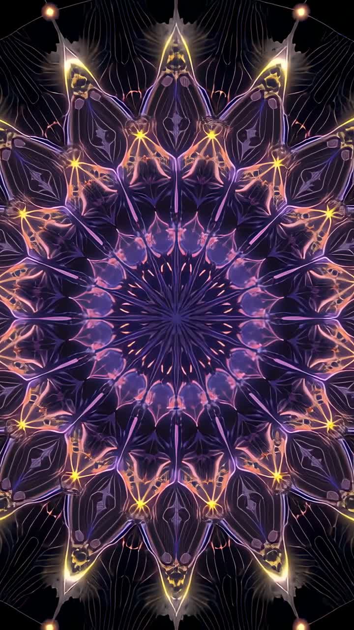 Video verticale: loop iniziale, mandala centrale che pulsa e lampeggia su area di lavoro nera, nodi dorati