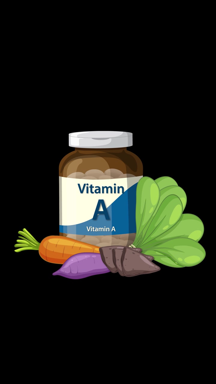 Etichetta di una bottiglia di Vitamina A che si anima, compaiono verdure, composizione statica su sfondo nero, formato verticale
