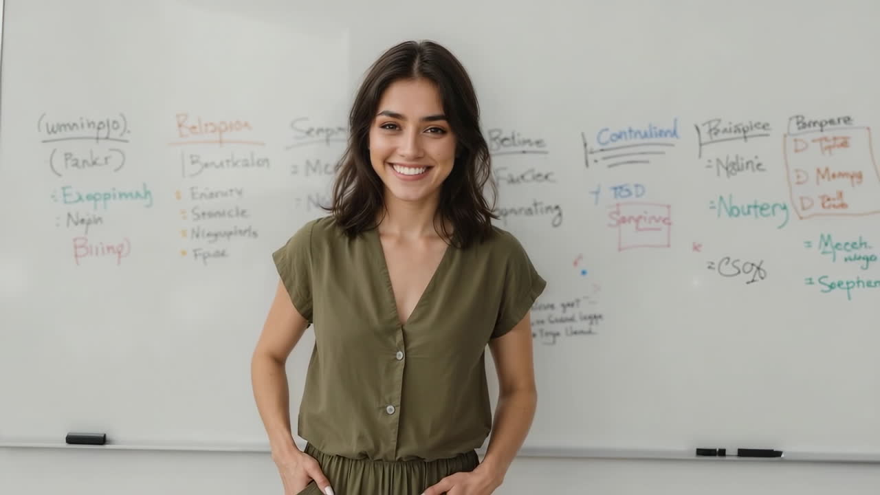 Smiling Woman Standing in Front of a Whiteboard