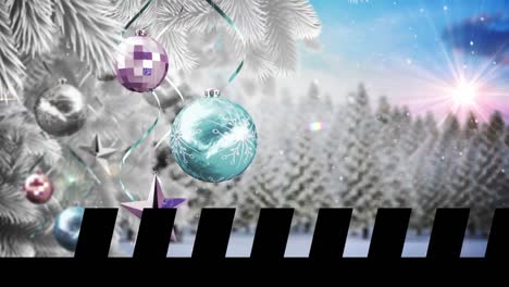 animación del árbol de navidad y la nieve cayendo sobre el paisaje de invierno