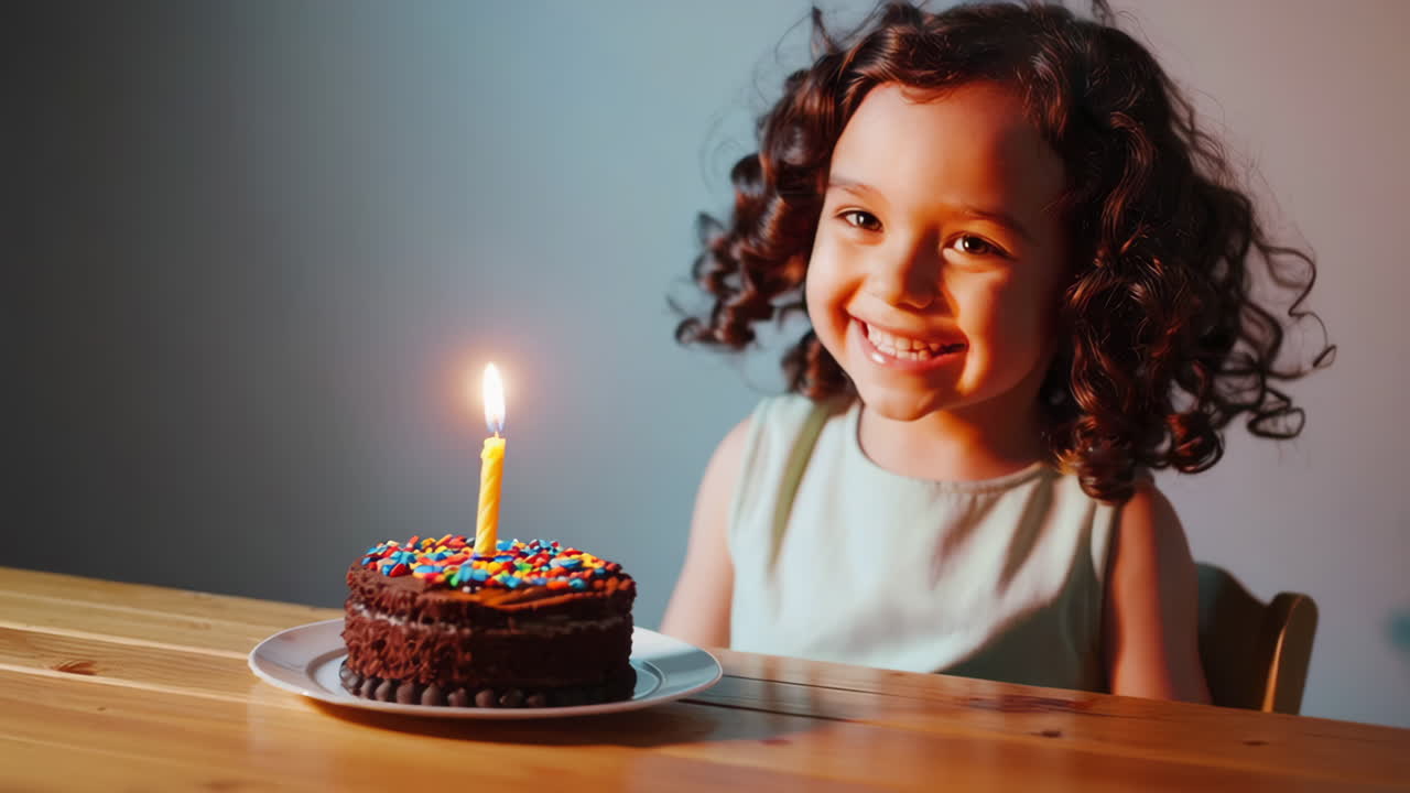 Happy young girl with a birthday cake and lit candle
