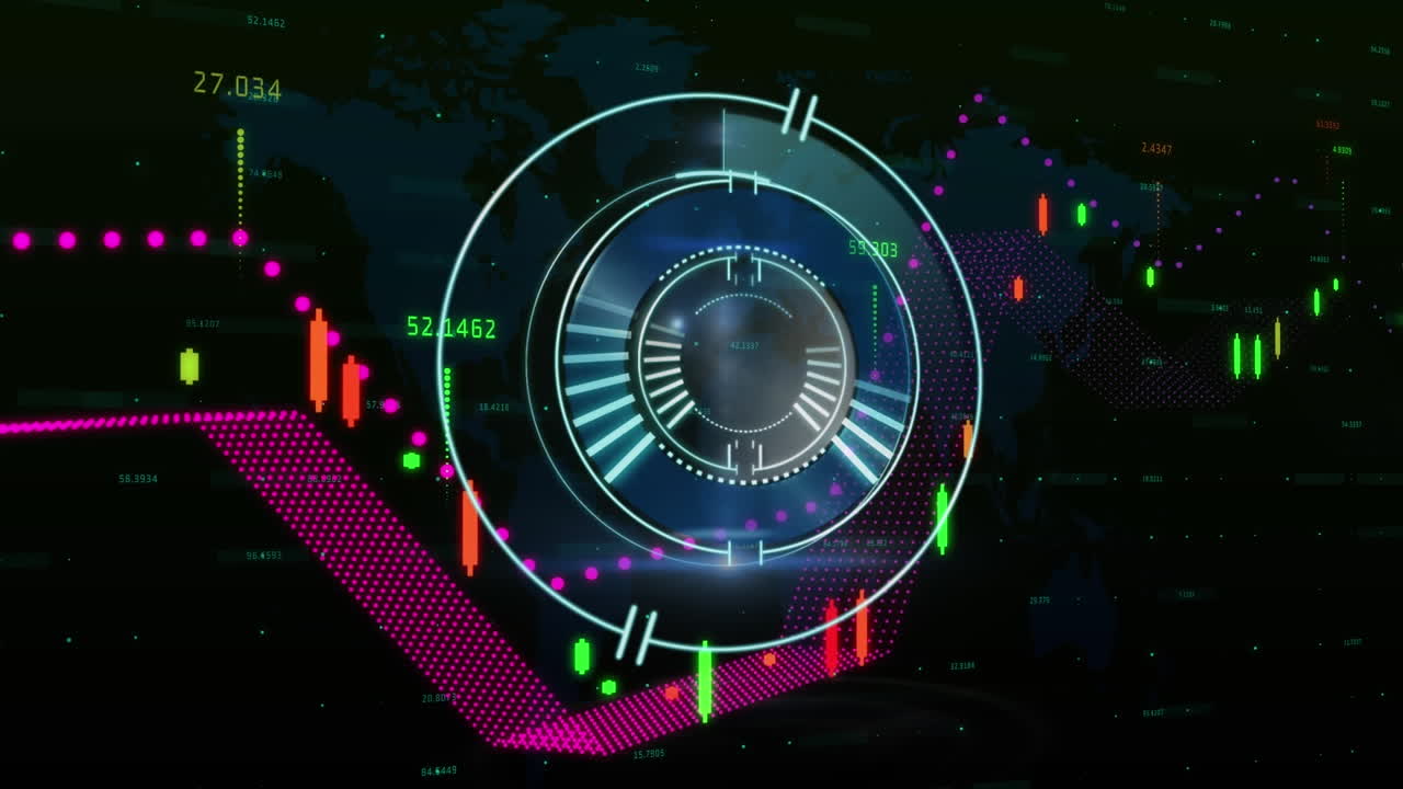 검은 바탕의 다채로운 그래프에 데이터 처리와 함께 회전하는 안전 잠금의 애니메이션