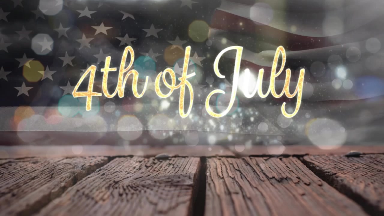 Animación de texto del 4 de Julio sobre la bandera de los Estados Unidos de América