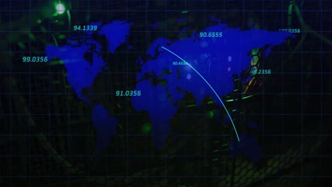 Multiple-numbers-floating-over-world-map-against-close-up-of-a-computer-server