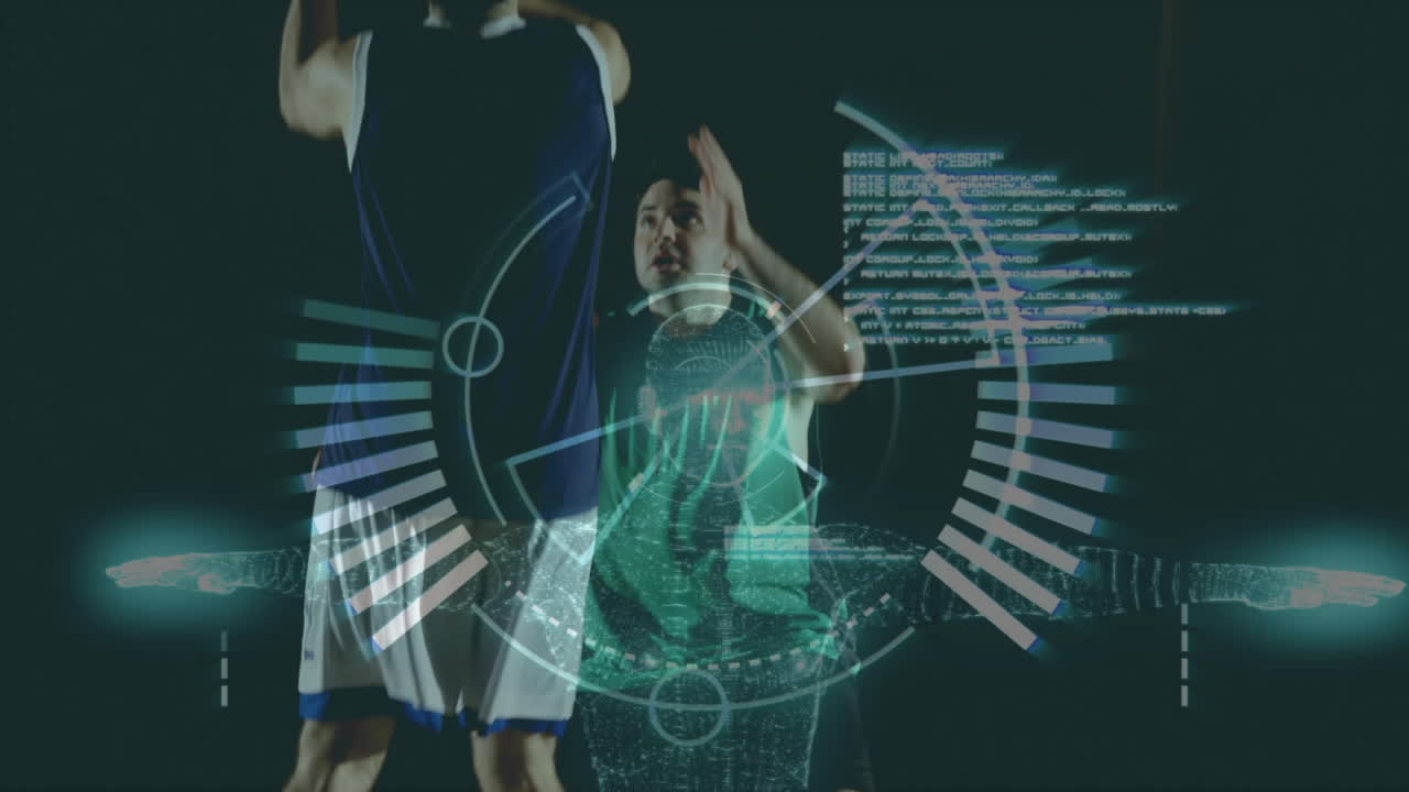 animación de grabación de procesamiento de datos con dos jugadores de baloncesto masculinos