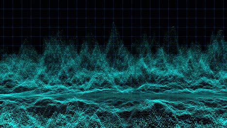 fondo de cuadrícula de mesa oscura abstracta de 4k con bucle en movimiento y partículas parpadeantes. telón de fondo gráfico de movimiento de animación de puntos de bola de luz de onda de color azul-verde digital sin costuras. vídeo de imágenes.