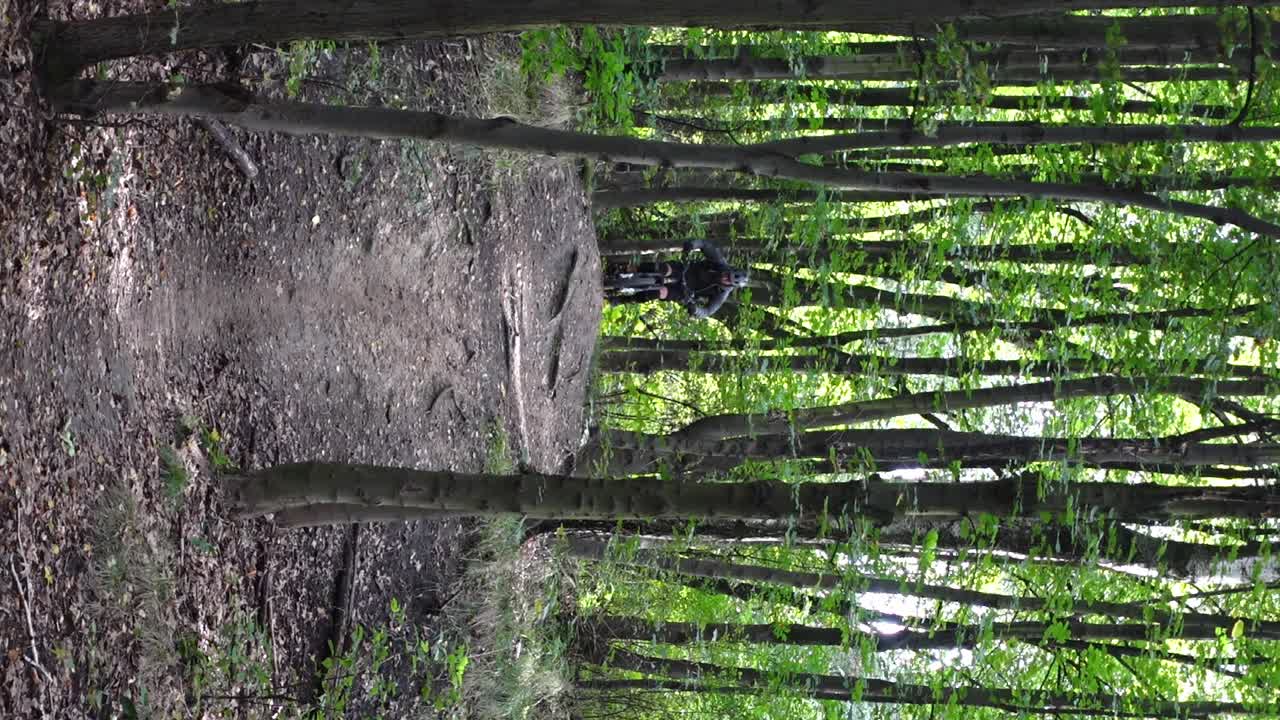 disparo frontal vertical de un hombre saltando en una bicicleta de montaña eléctrica en el bosque haciendo un truco de látigo en cámara lenta