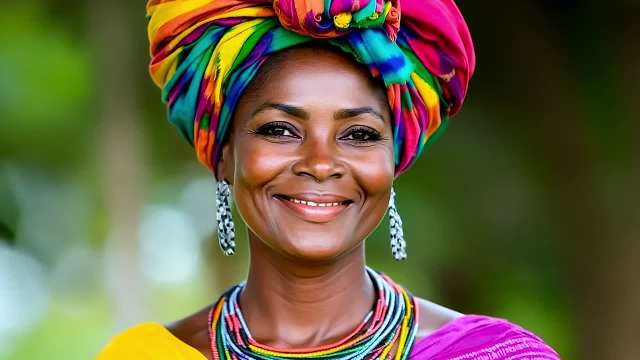A woman wearing a colorful turban smiles at the camera