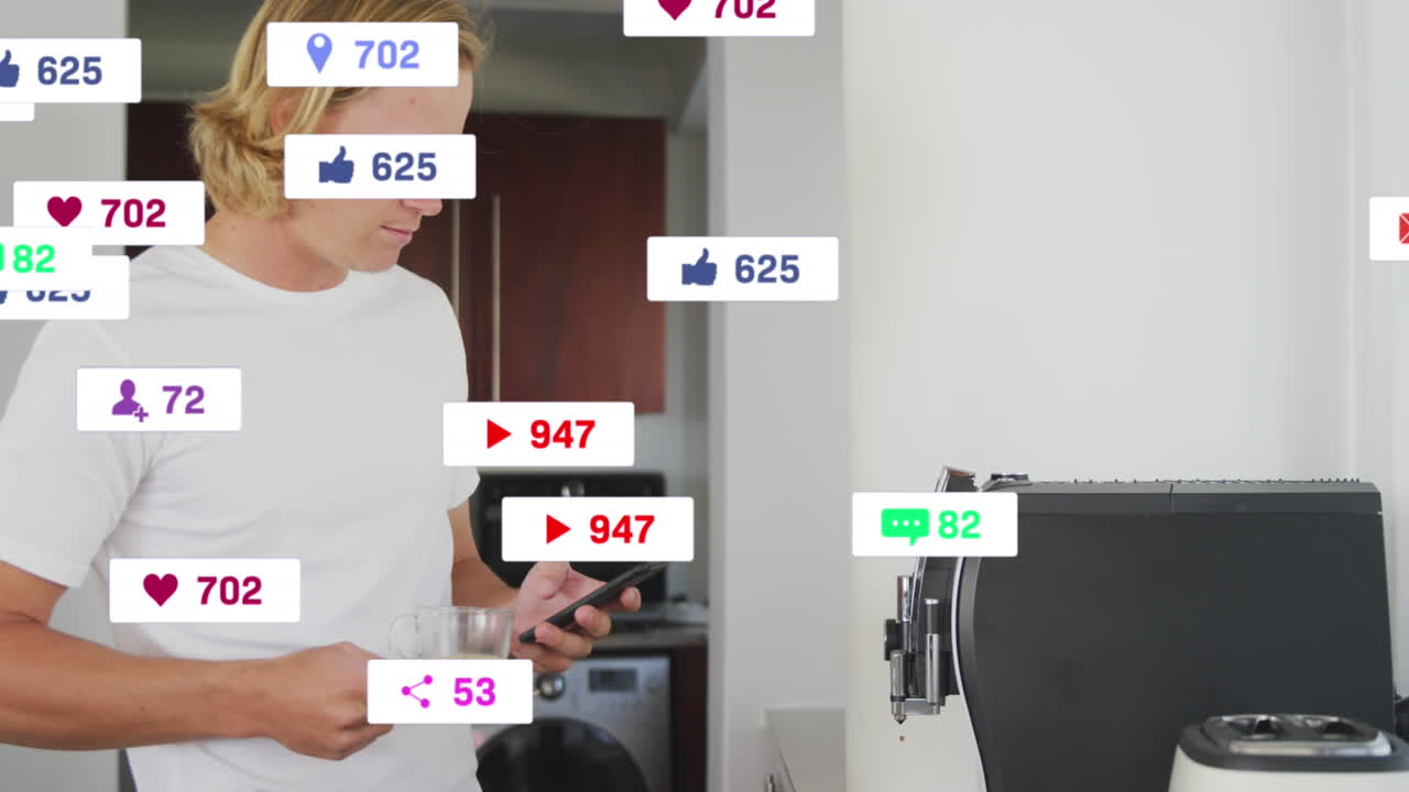 가정에서 스마트폰을 가진 백인 남성에 대한 소셜 미디어 텍스트와 아이콘의 애니메이션