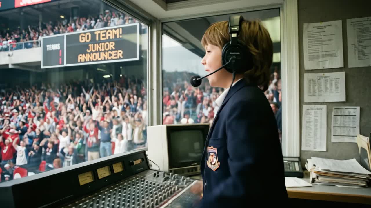Excited Junior Announcer Boy Commentating a Live Sports Game from Broadcast Booth