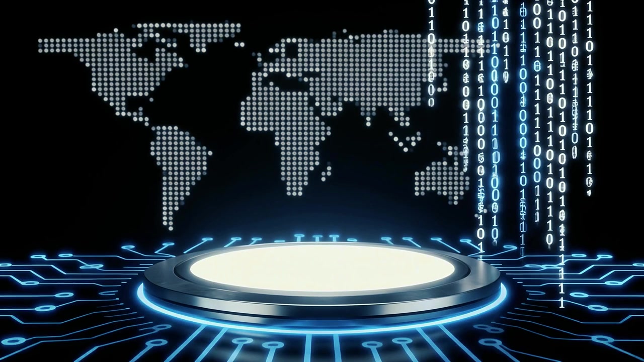 Futuristisk teknologiplatform med verdenskort og faldende binære data