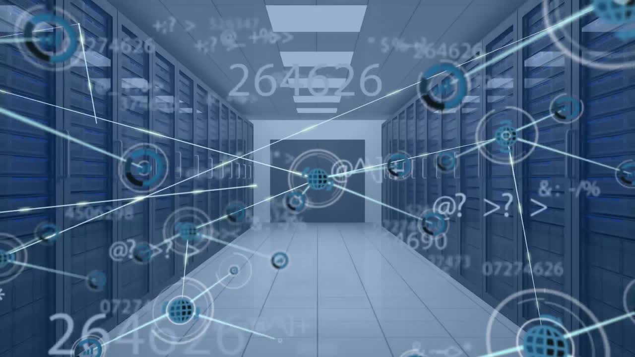 Animation of networks of connections and data processing over server room