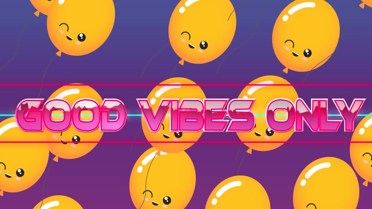 보라색에 떠다니는 오렌지색 풍선과 함께 분홍색으로만 좋은 진동이라는 단어의 애니메이션