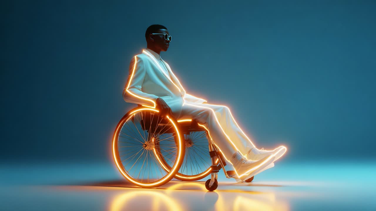 A Stunning Visual of a Stylish Individual in a Wheelchair Embellished with Glowing Lights, Showcasing Fashion, Mobility, and Modern Design in a Captivating Atmosphere