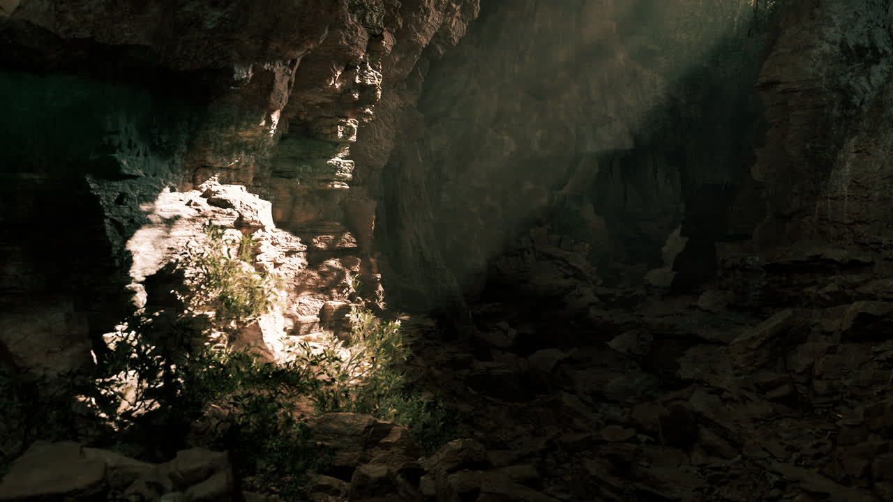 Raggi di sole che illuminano una grotta rocciosa con vegetazione al mattino.