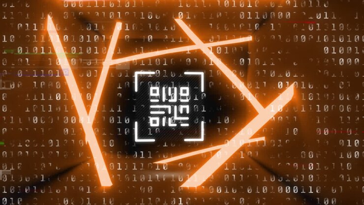 QR code scanner with neon elements against binary coding