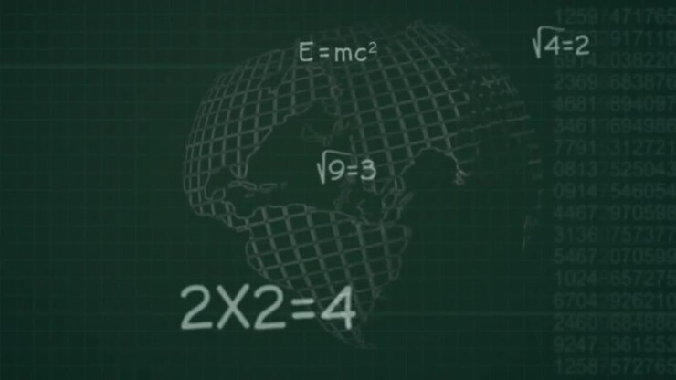 Animation of mathematical equations and globe over black background