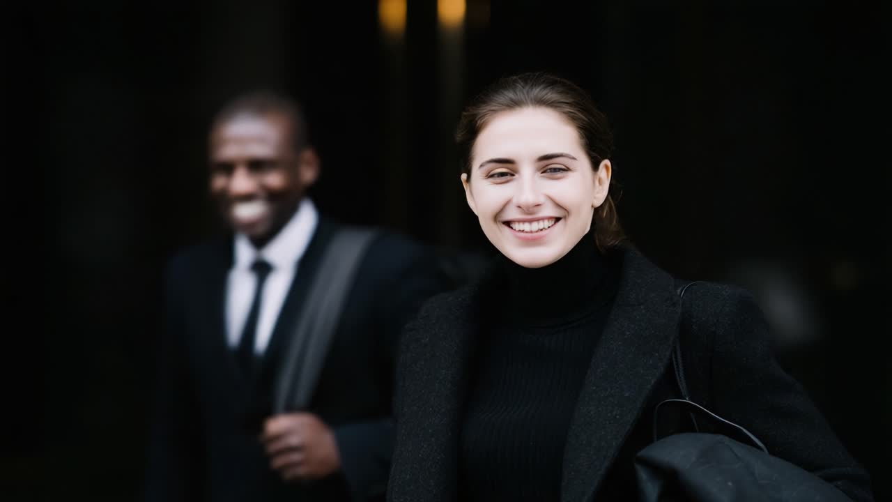 A Confident Woman in a Stylish Black Coat Smiles Brightly as She Exits a Building with a Man in Formal Attire, Capturing a Moment of Joy and Professionalism