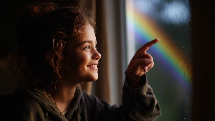 Bambino gioioso che indica un arcobaleno vivido attraverso una finestra, catturando la magia della natura e la meraviglia dell'infanzia in un ambiente interno accogliente, pieno di calore e luce