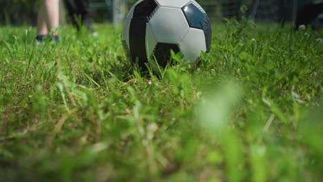 a close-up view of a soccer ball resting on a grassy field, with someone reaching down to pick it up