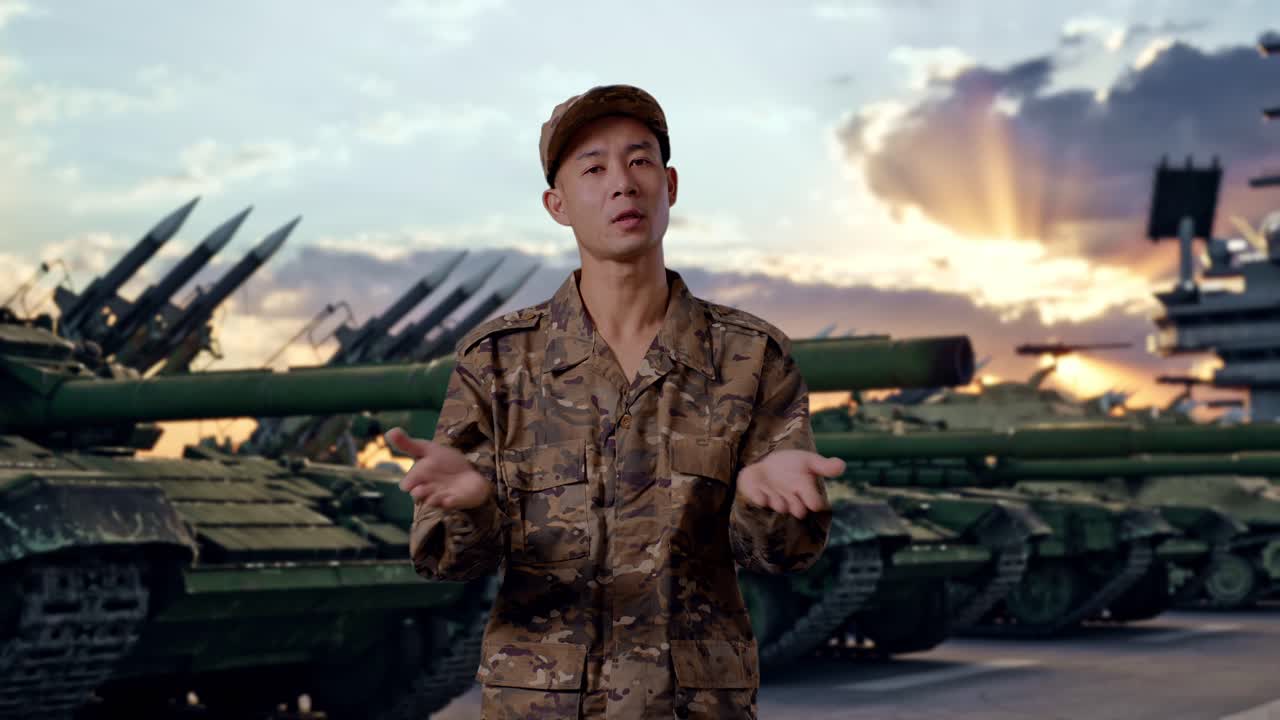 Soldado asiático pensativo preguntándose por qué y de pie con dudas junto a un tanque