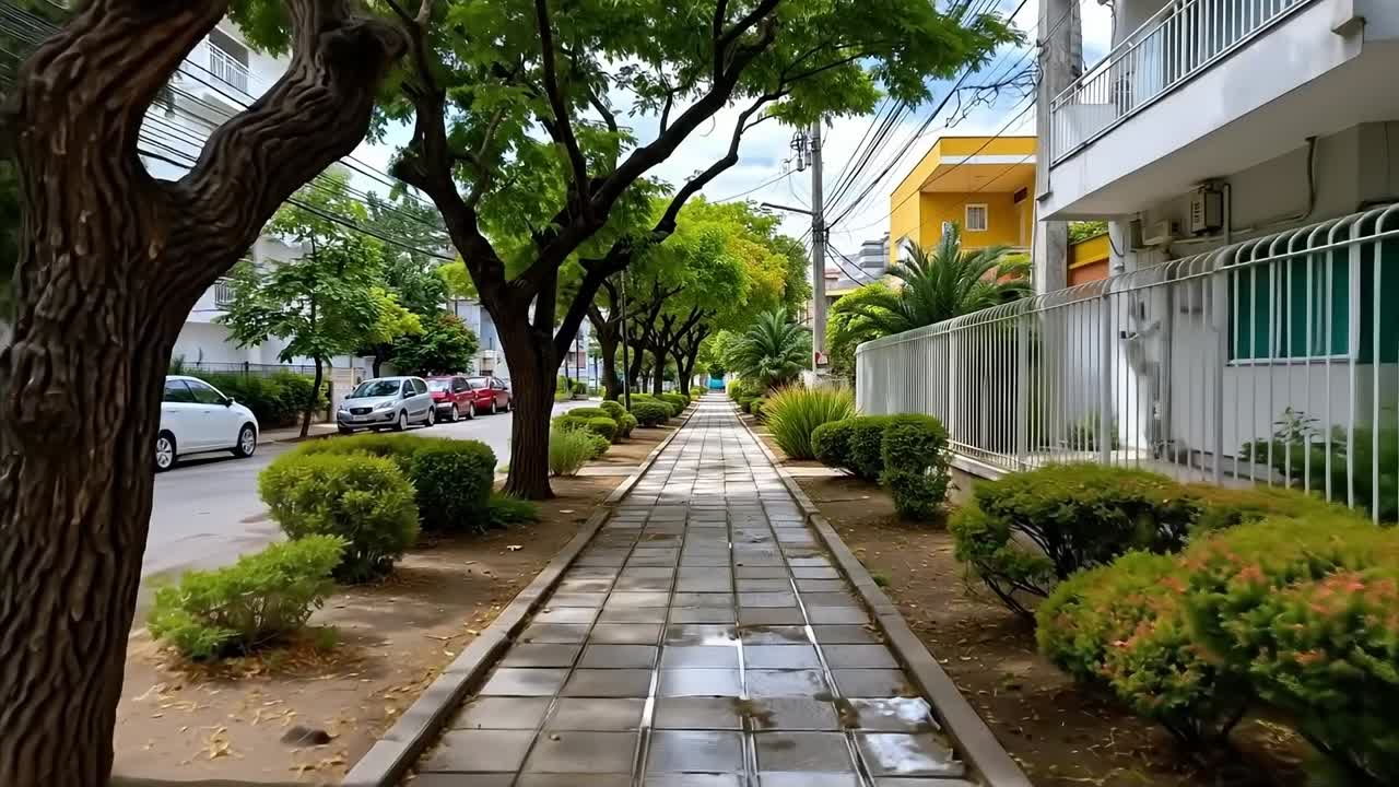 A sidewalk lined with trees and bushes next to a street