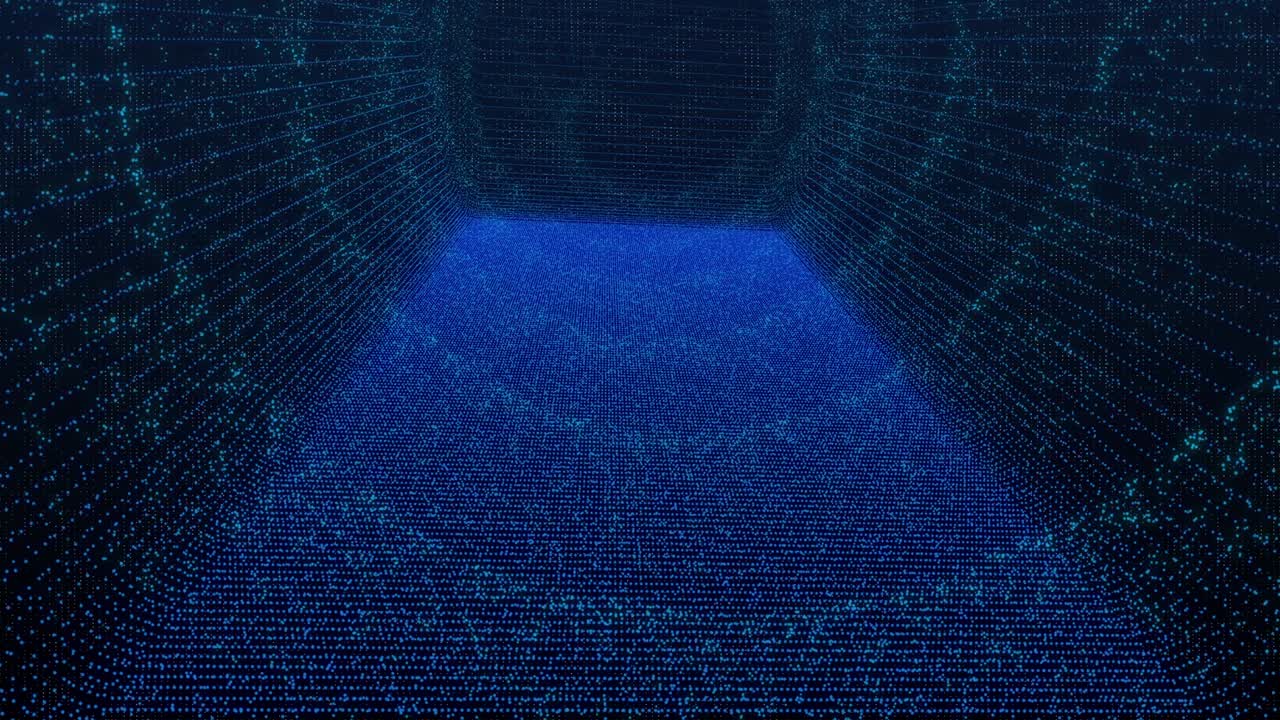 4K footage blue technology fantastic magic tunnel swirl dust in space.