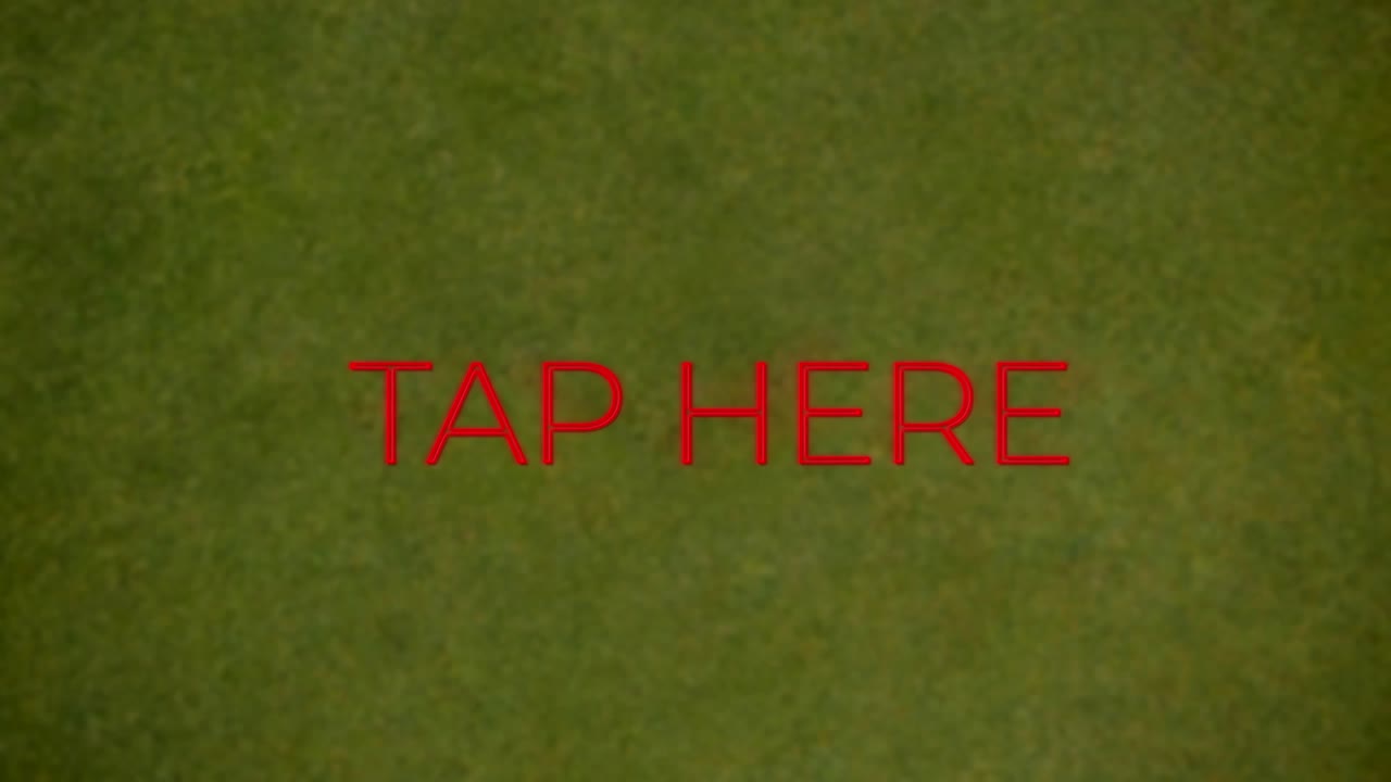 Animation of neon red tap here text banner against textured green background