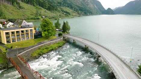 aerial view of a scenic fjord in norway with a bridge and hotel
