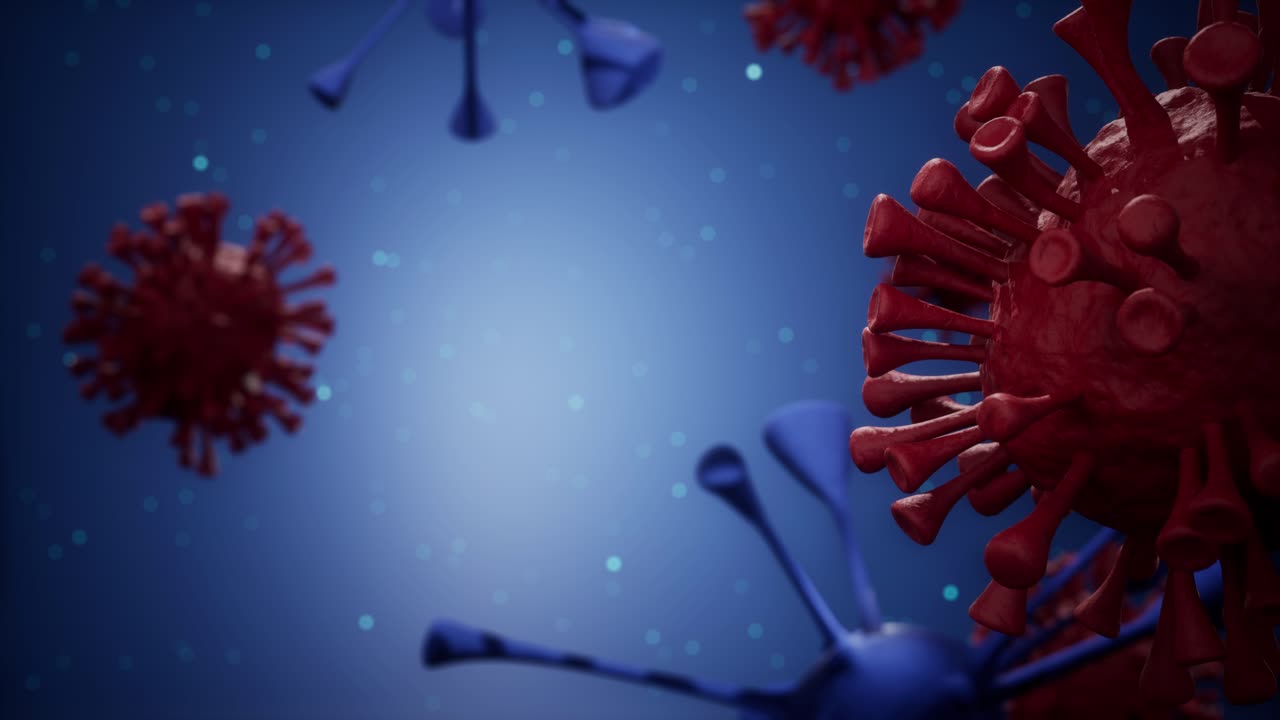 Microscopic View Of Red And Blue Coronavirus Particles