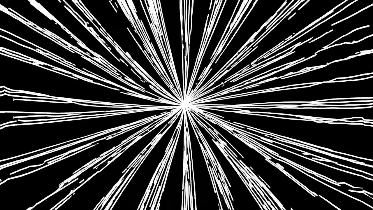 Vidéo abstraite et dynamique avec des lignes blanches rayonnant à partir d’un point central sur un arrière-plan noir