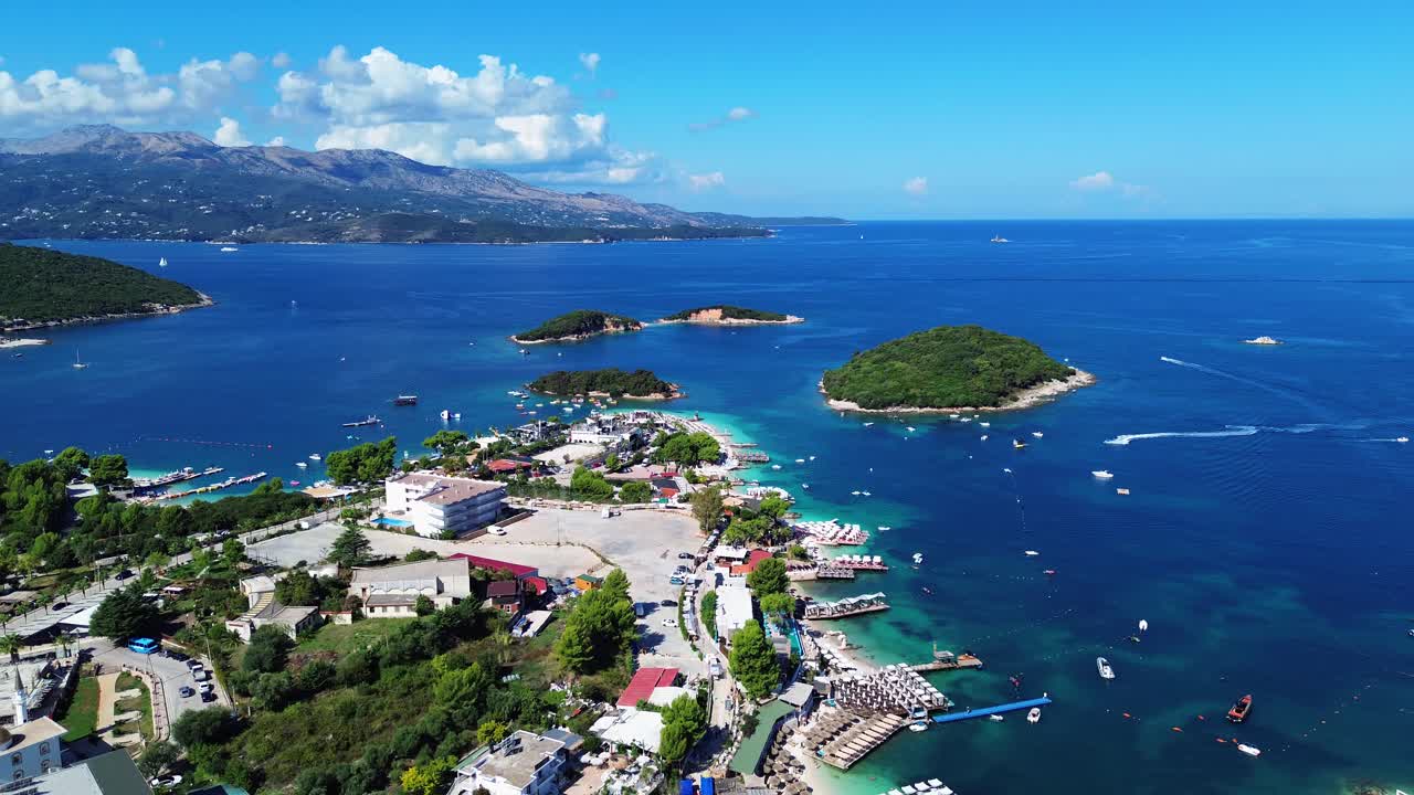 Aerial View of a Beautiful Coastal Town with Islands and Boats