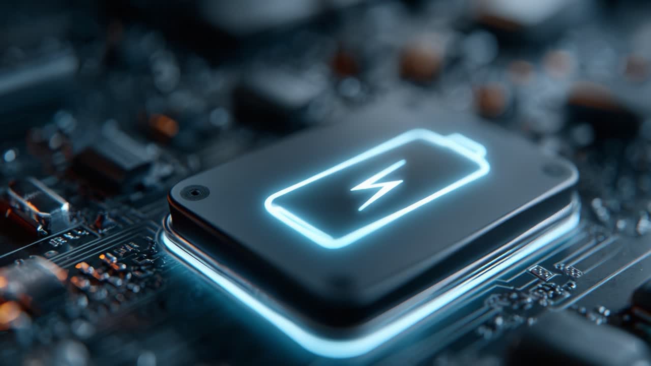 Esplorazione ravvicinata di un'icona moderna di batteria illuminata su un circuito stampato, evidenziando i progressi tecnologici nell'accumulo e nella gestione dell'energia.