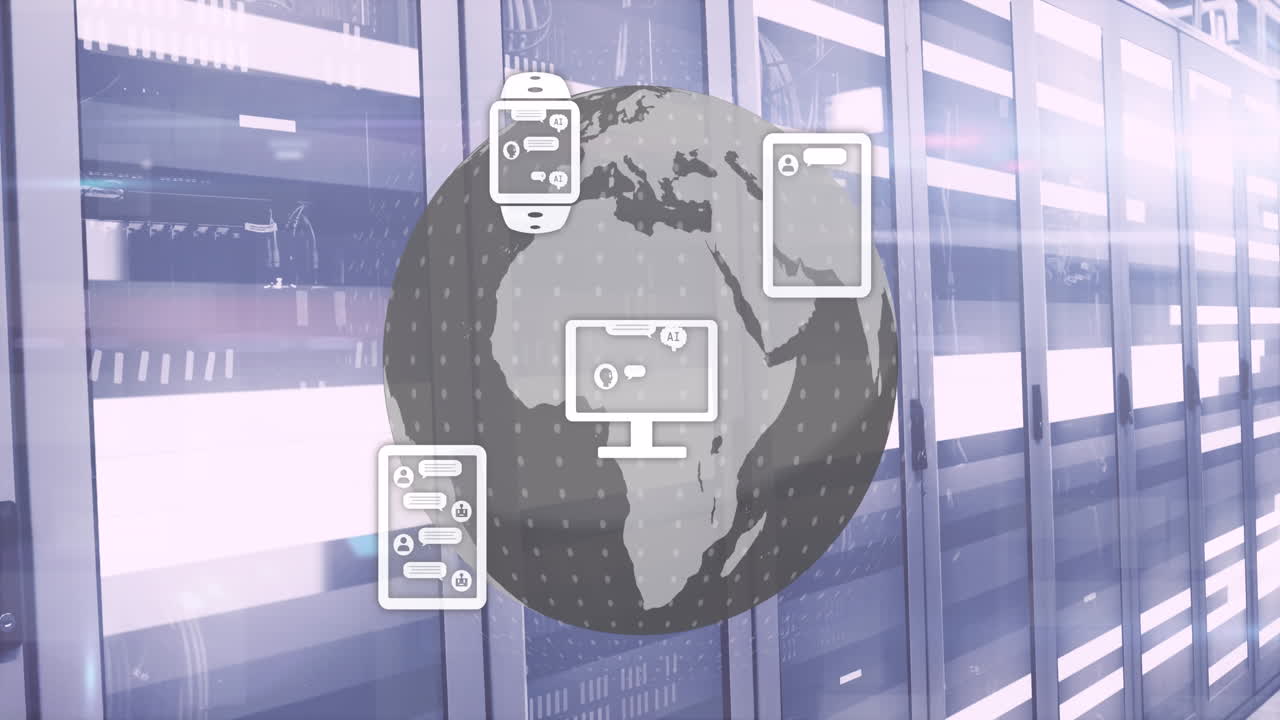 animación del procesamiento de datos sobre el globo de la cuadrícula y los servidores de computadora de fondo