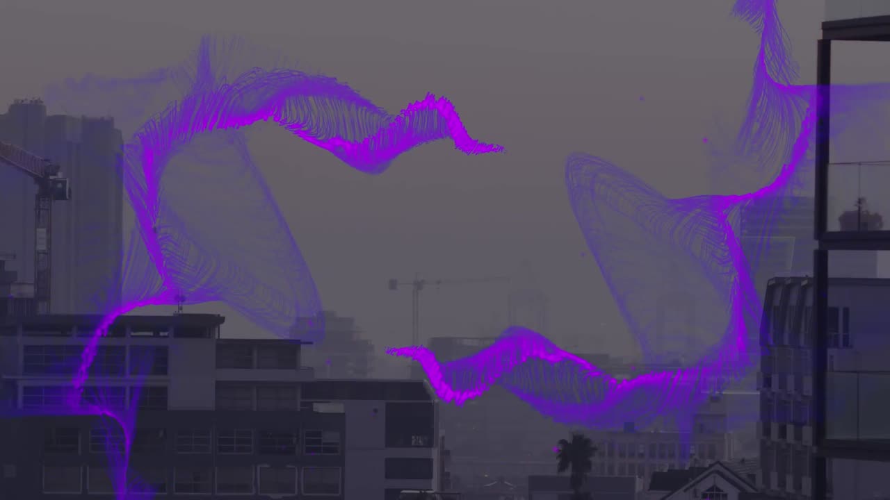 Animation of purple wave over cityscape