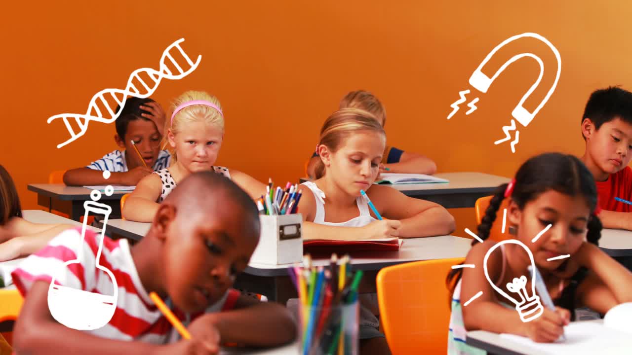 Animation of school icons over school children at school