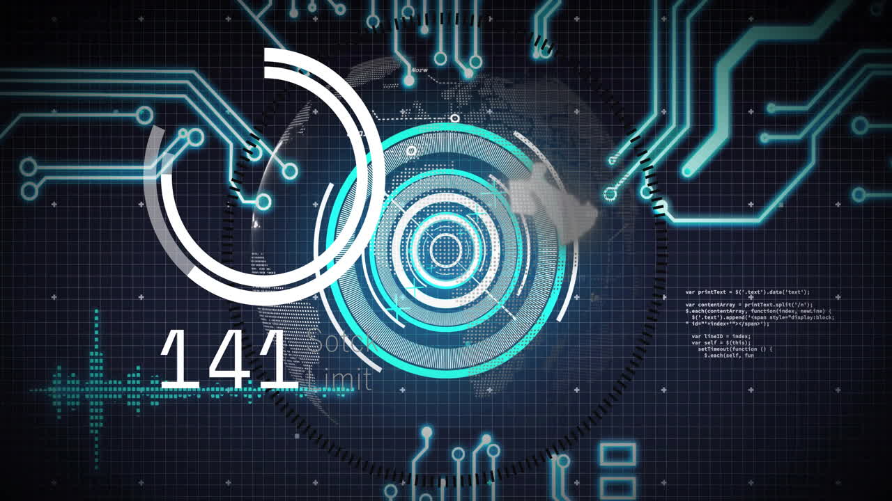 circuitos digitales futuristas y animación de interfaz sobre el mapa del mundo con el número 124