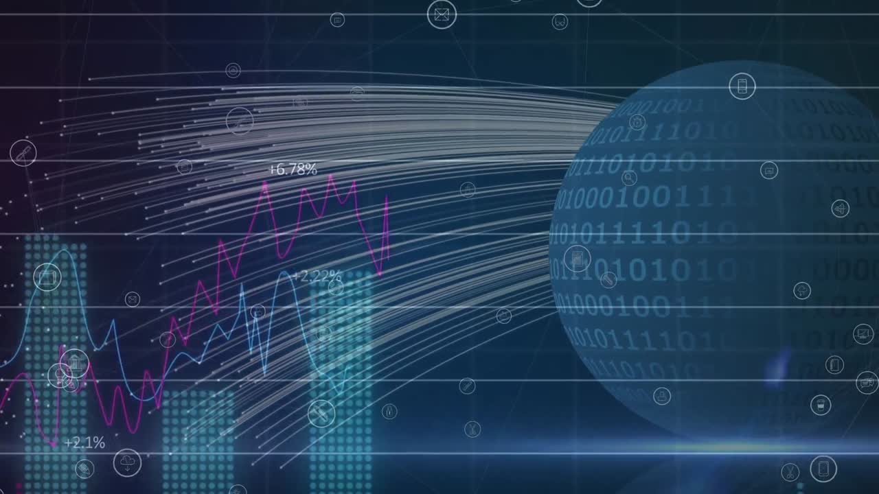 Animation of digital icons and data processing over globe with binary coding in background