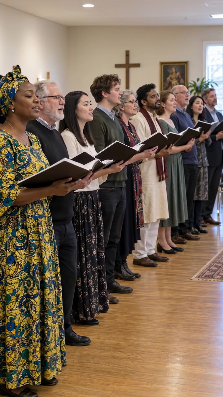 Uomini e donne muovono la bocca mentre cantano, tenendo cartelle aperte all'altezza del petto mentre la luce soffusa della finestra illumina gli abiti decorati, le pareti color crema e il pavimento in legno all'interno di una chiesa