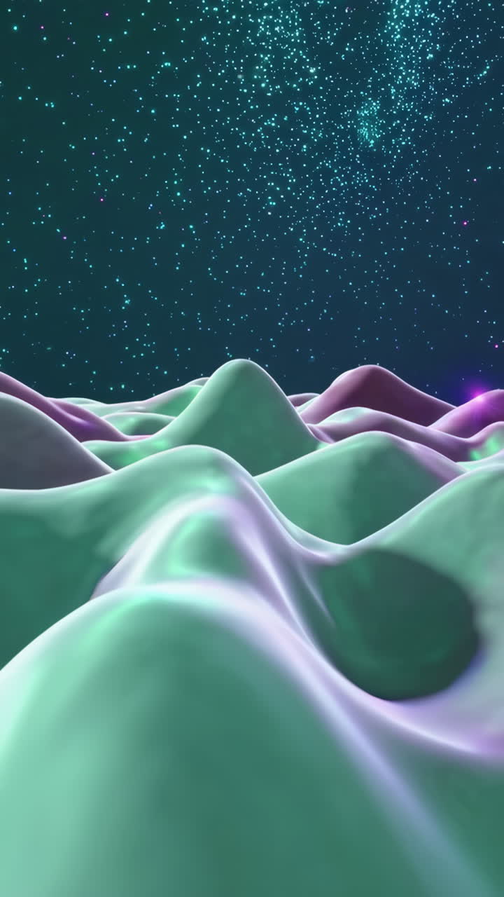 Abstract Cosmic Landscape with Undulating Purple and Green Hills Under a Starry Sky