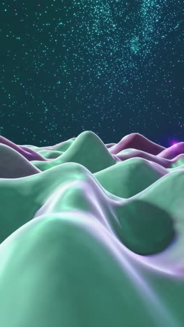 abstract cosmic landscape with undulating purple and green hills under a starry sky