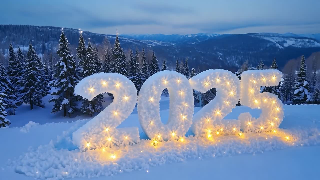 Light bulbs illuminating large numbers shaped from snow create a festive display of 2025 on a mountaintop at dusk, capturing the essence of winter celebrations in a ski resort