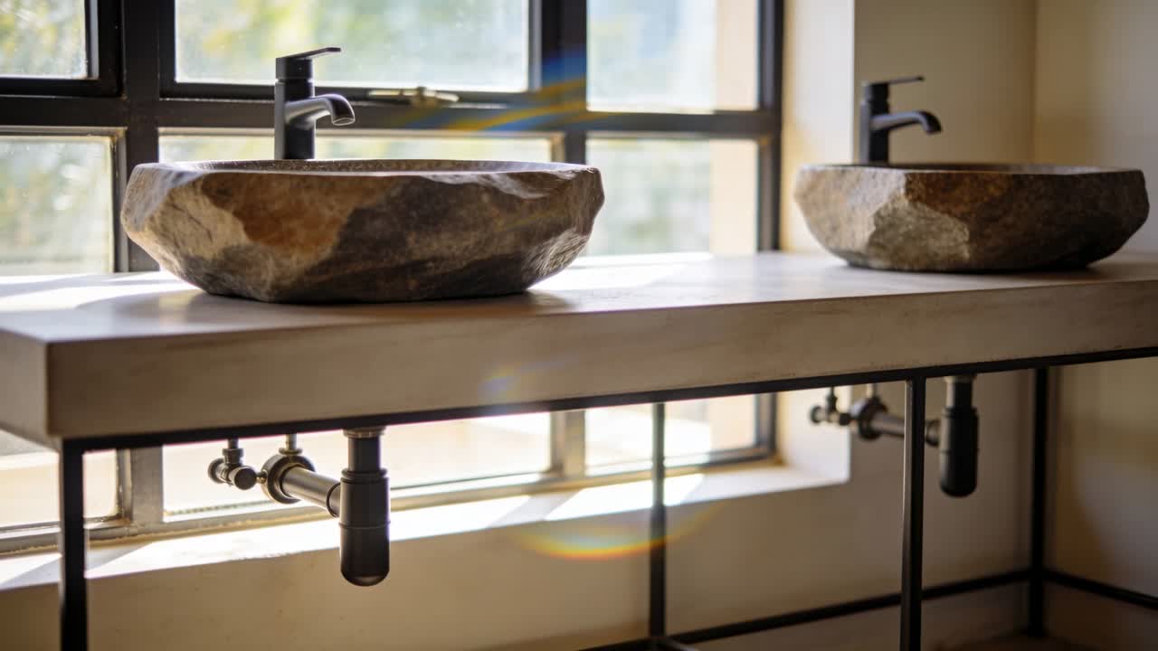 Shifting sunlight through pane window causing camera pan, moving flare across bathroom stone sinks