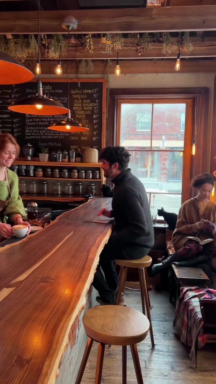 Barista cordiale serve caffè a un cliente in un bar accogliente