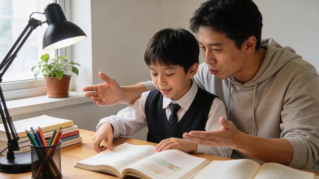 窓際の机で、親が身をかがめて制服姿の子供に教科書を指導し、読む箇所を指さしている。