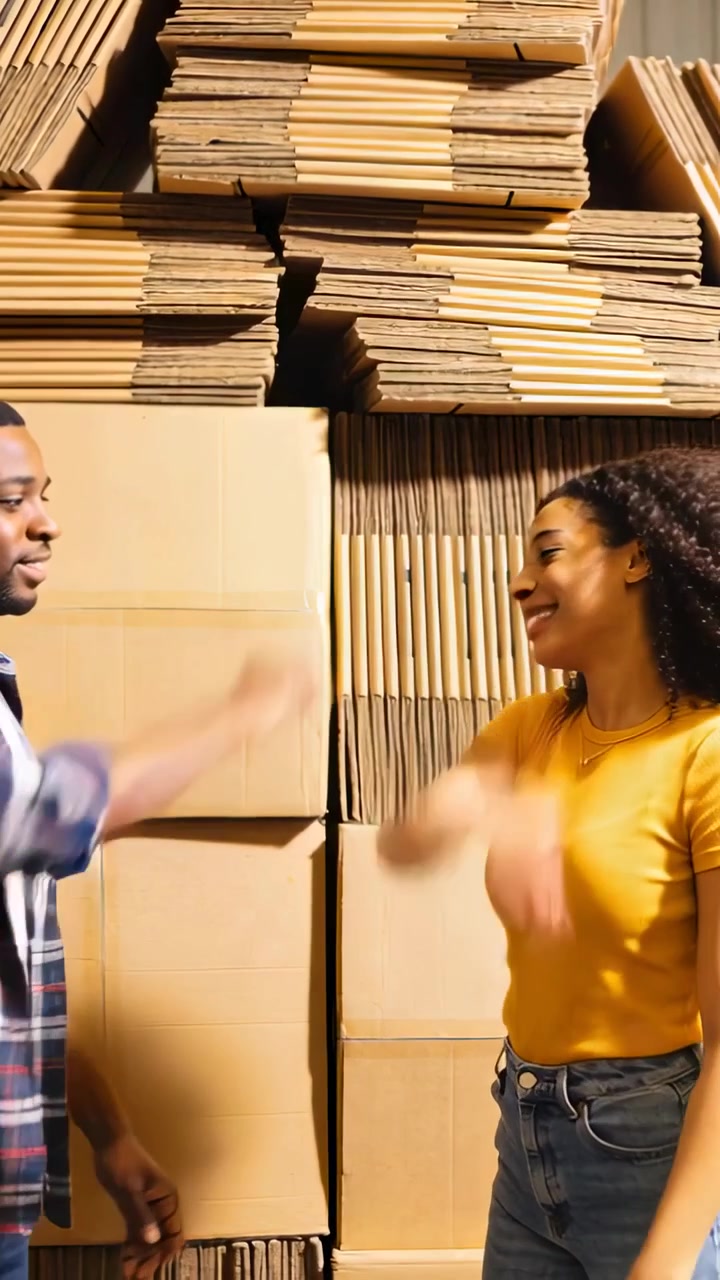 Vertical video: Highfiving pair in yellow tee saluting and making fist, packing boxes in stockroom
